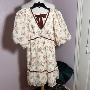 Polagram Cream Ruffled Tiered Midi Dress with Puff Sleeves